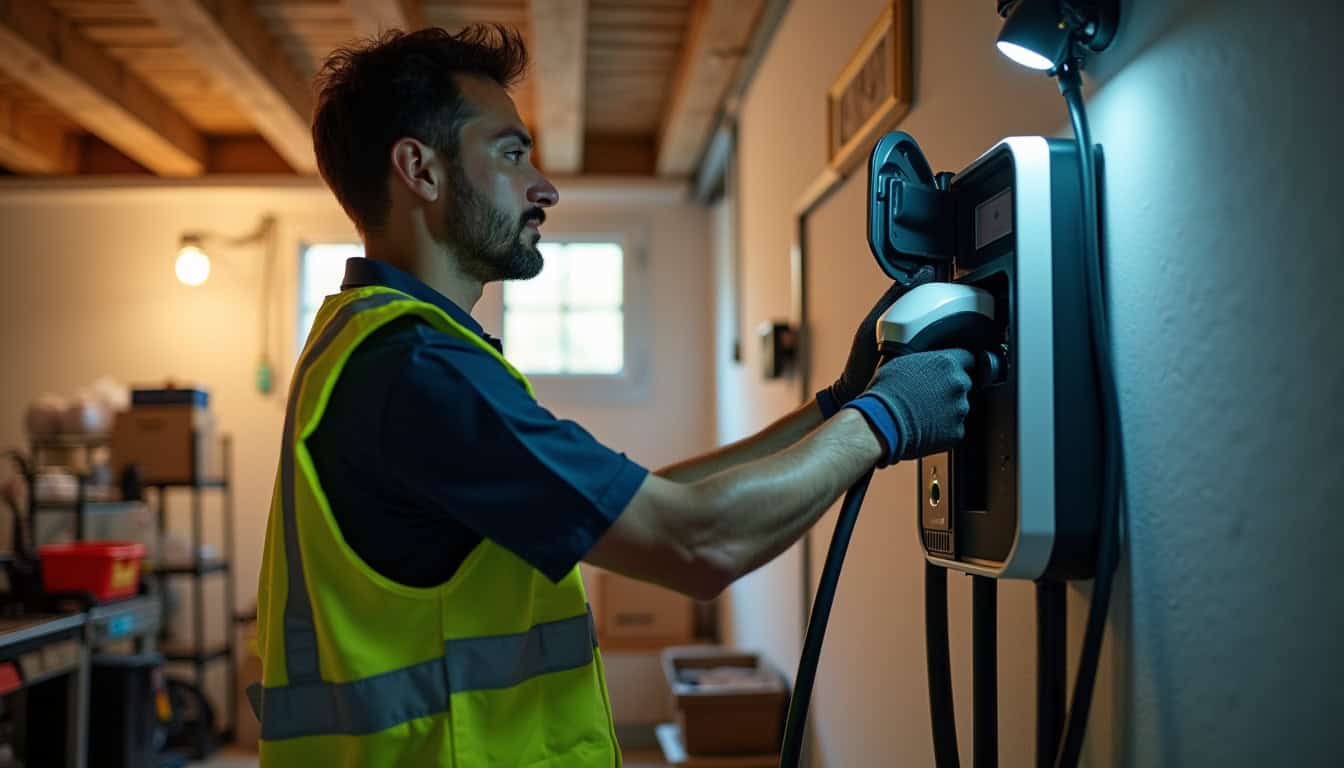 Électricien en train d’installer une borne de recharge dans un garage à Oloron-Sainte-Marie