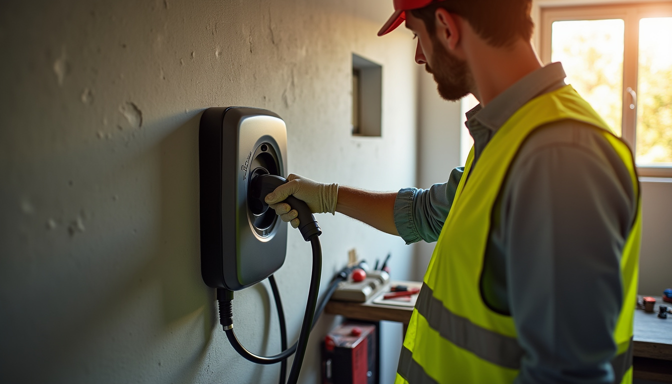 Électricien en train d’installer une borne de recharge dans un garage à Rougemont-le-Château