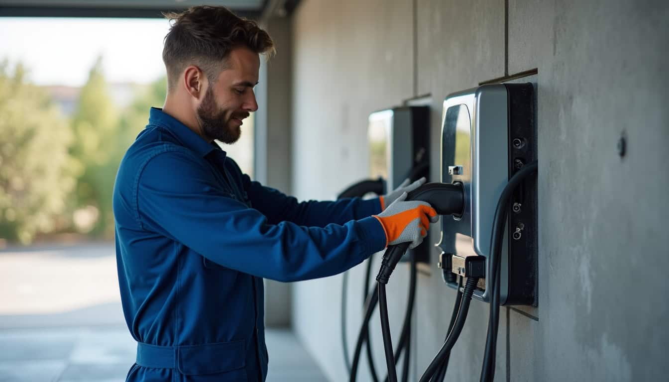 Électricien en train d’installer une borne de recharge dans un garage à Saint-Amand-sur-Fion