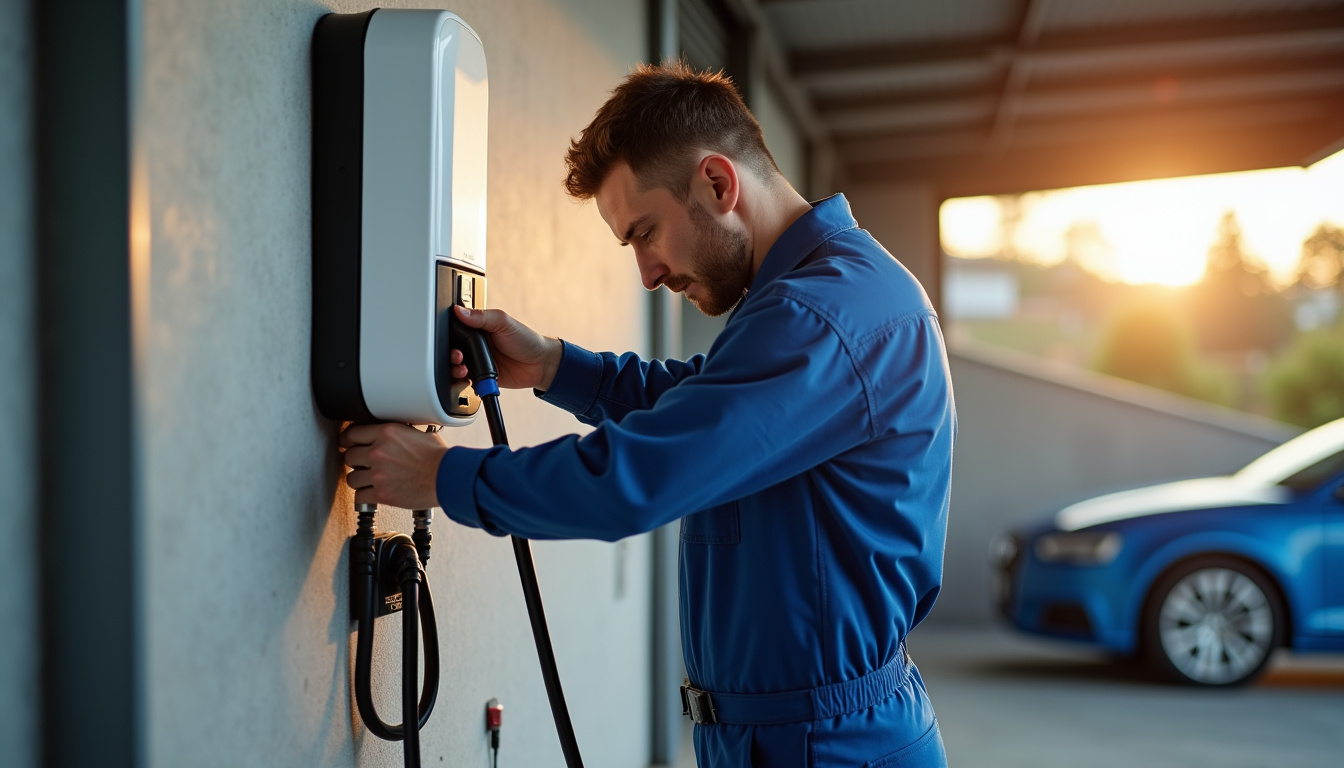 Électricien en train d'installer une borne de recharge dans un garage à Saint-Gervais-sur-Roubion