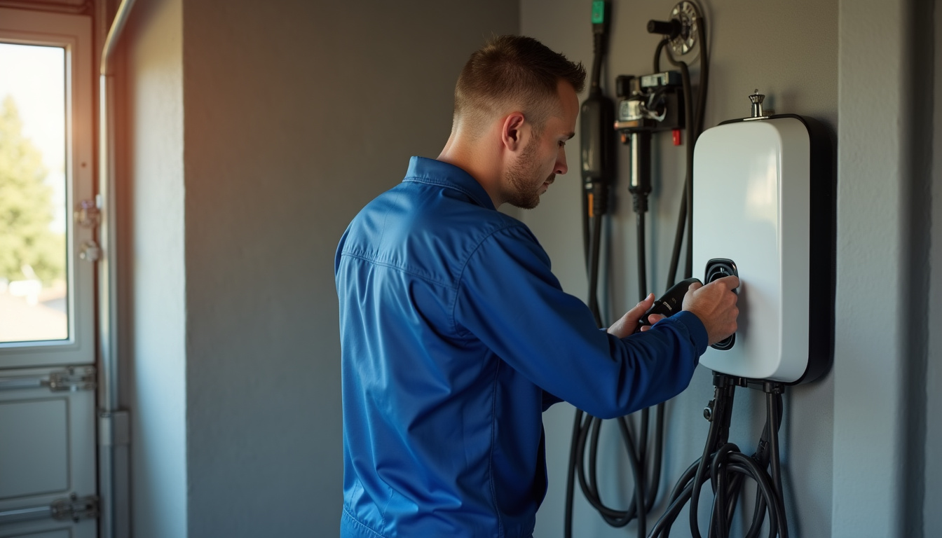 Électricien en train d'installer une borne de recharge dans un garage à Saint-Martin-des-Tilleuls