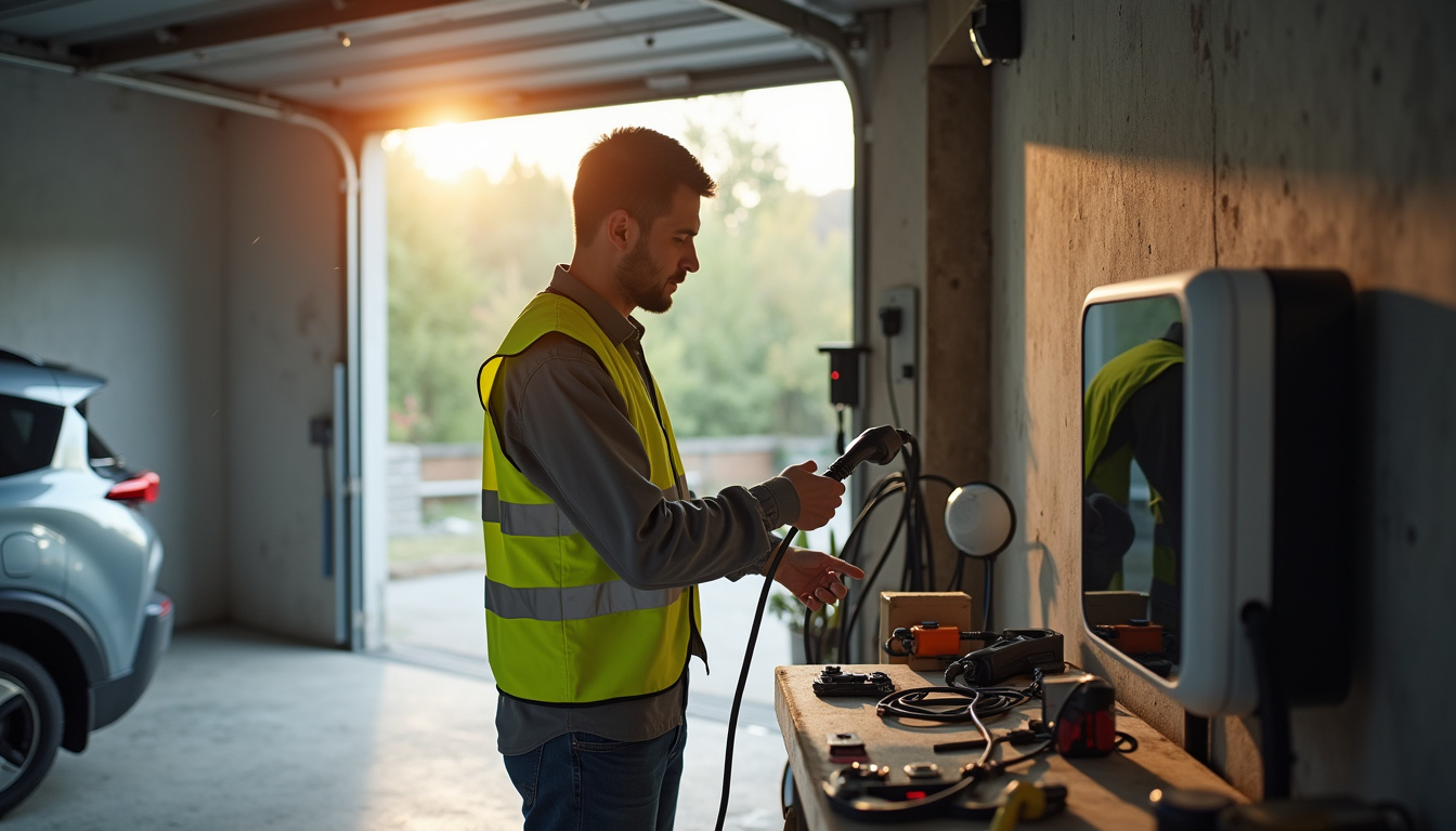Électricien en train d'installer une borne de recharge dans un garage à Tain-l'Hermitage