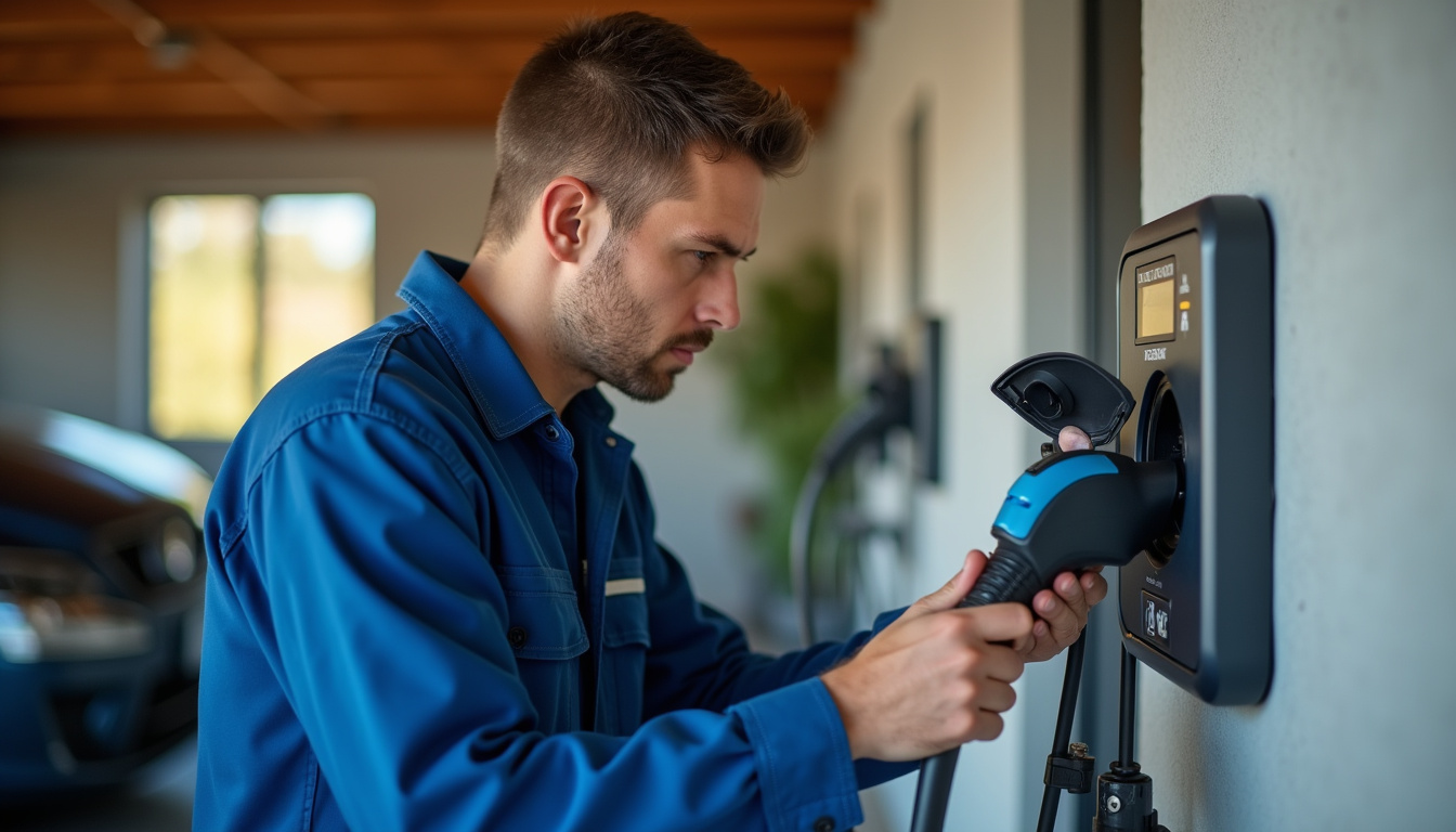 Électricien en train d'installer une borne de recharge dans un garage à Trèbes