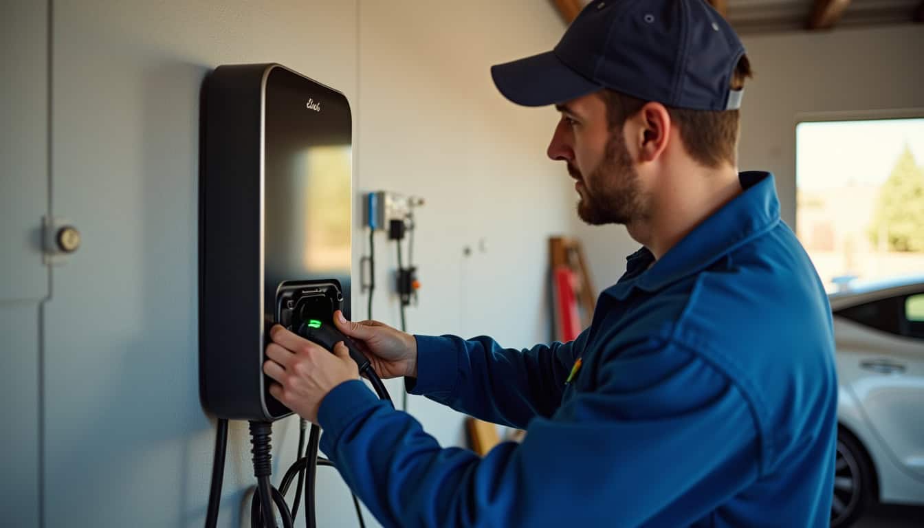 Électricien en train d'installer une borne de recharge dans un garage privé
