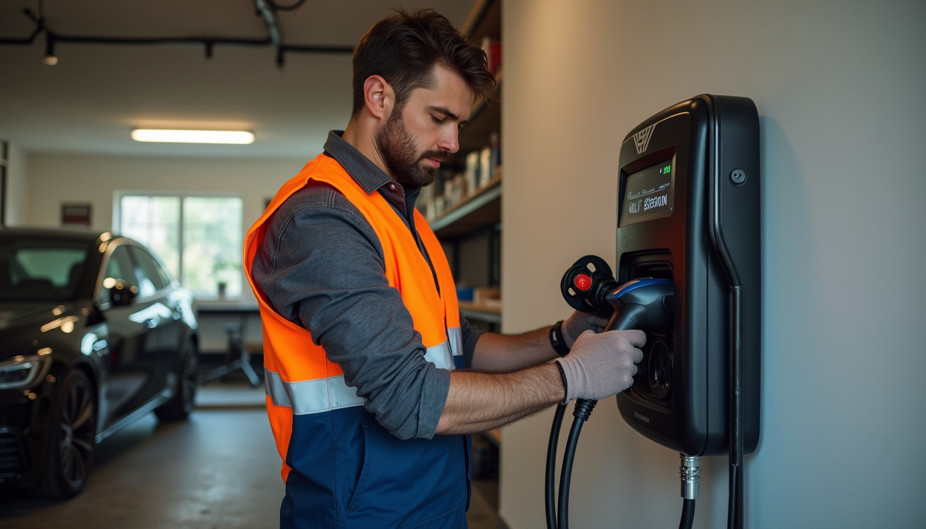 Électricien en train d'installer une borne de recharge dans un garage