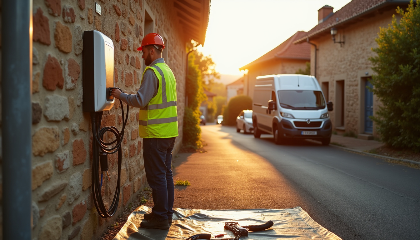 Électricien en train d'installer une borne de recharge dans une commune rurale du Puy-de-Dôme