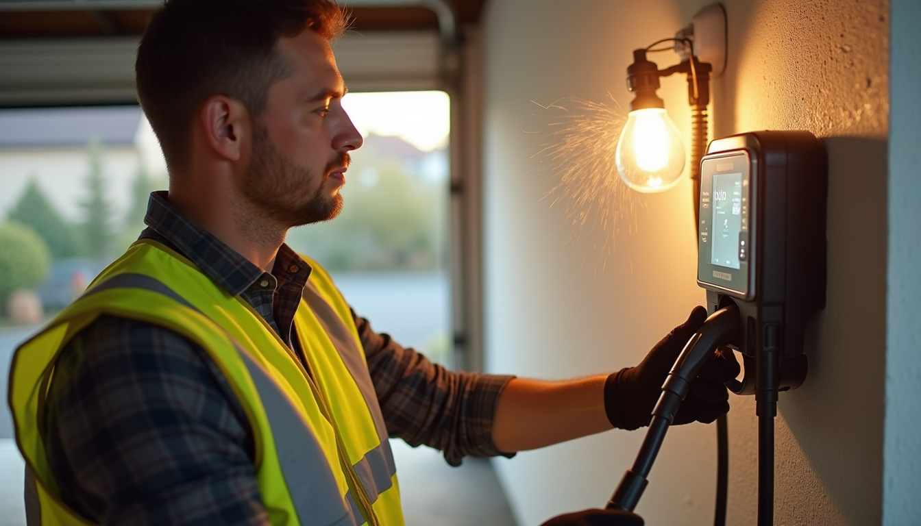 Électricien en train d'installer une borne de recharge dans une maison à Cambes-en-Plaine