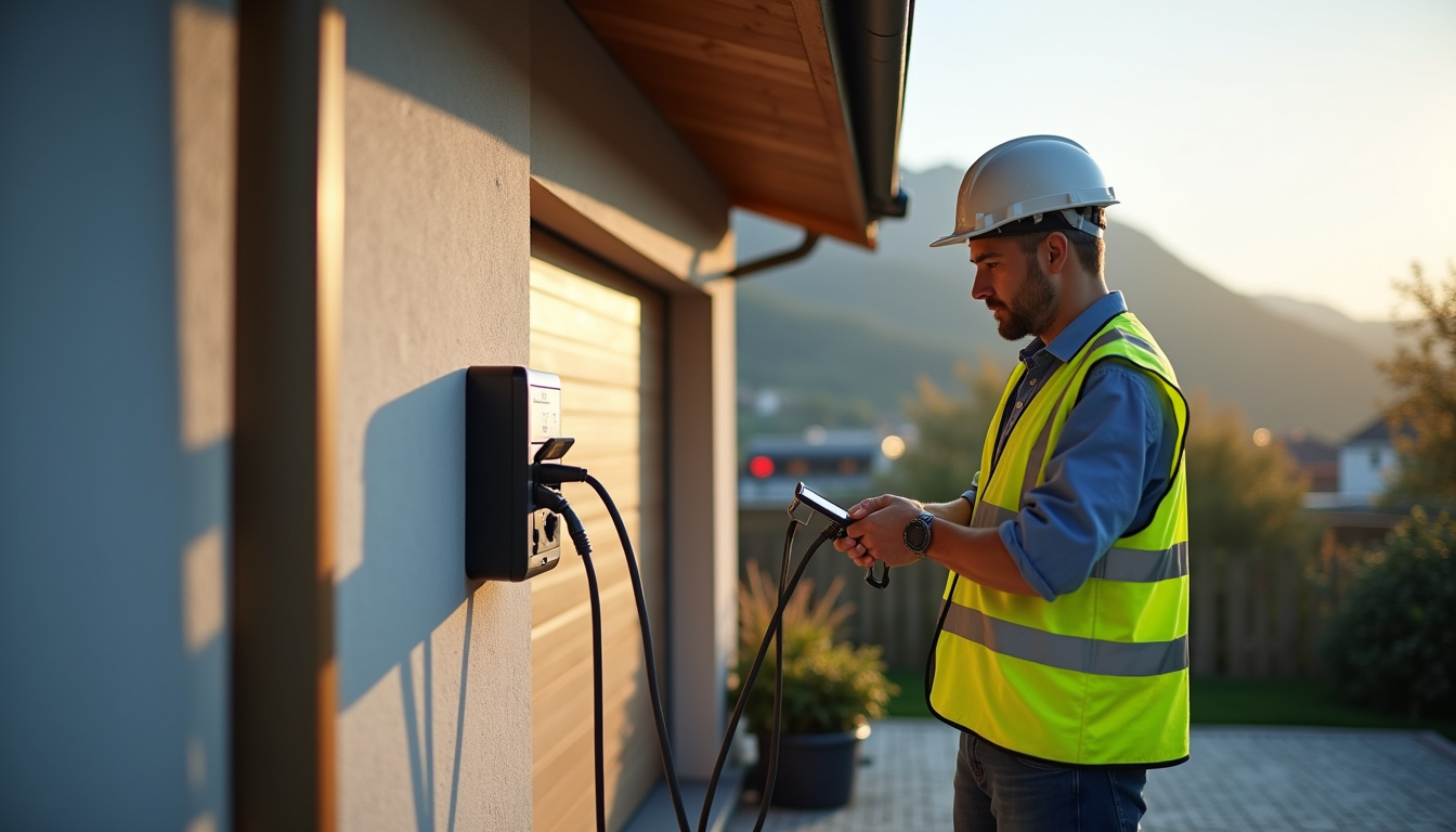 Électricien en train d'installer une borne de recharge dans une maison à Chambéry