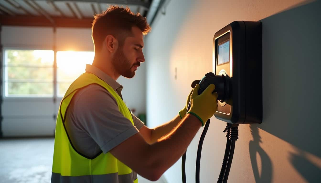 Électricien en train d'installer une borne de recharge dans une maison à L'Arbresle