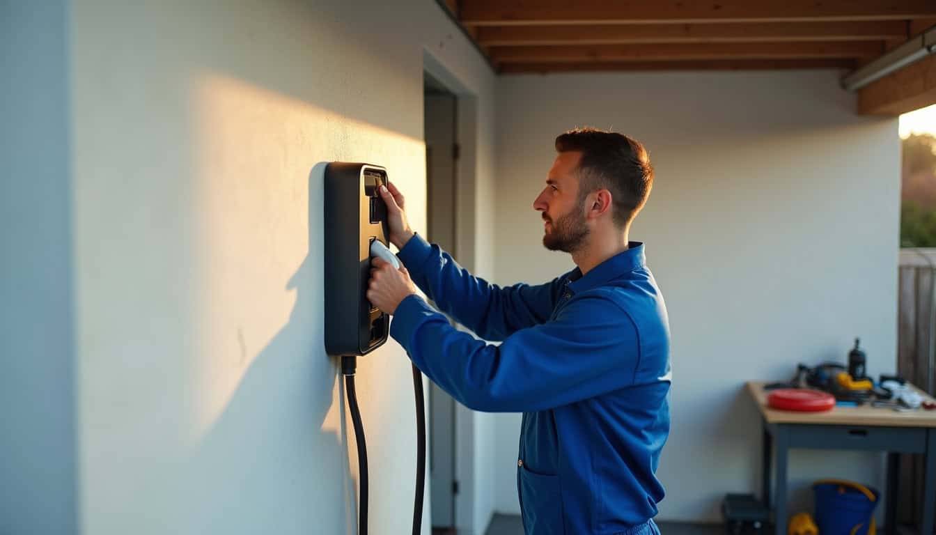 Électricien en train d'installer une borne de recharge dans une maison à Montauroux