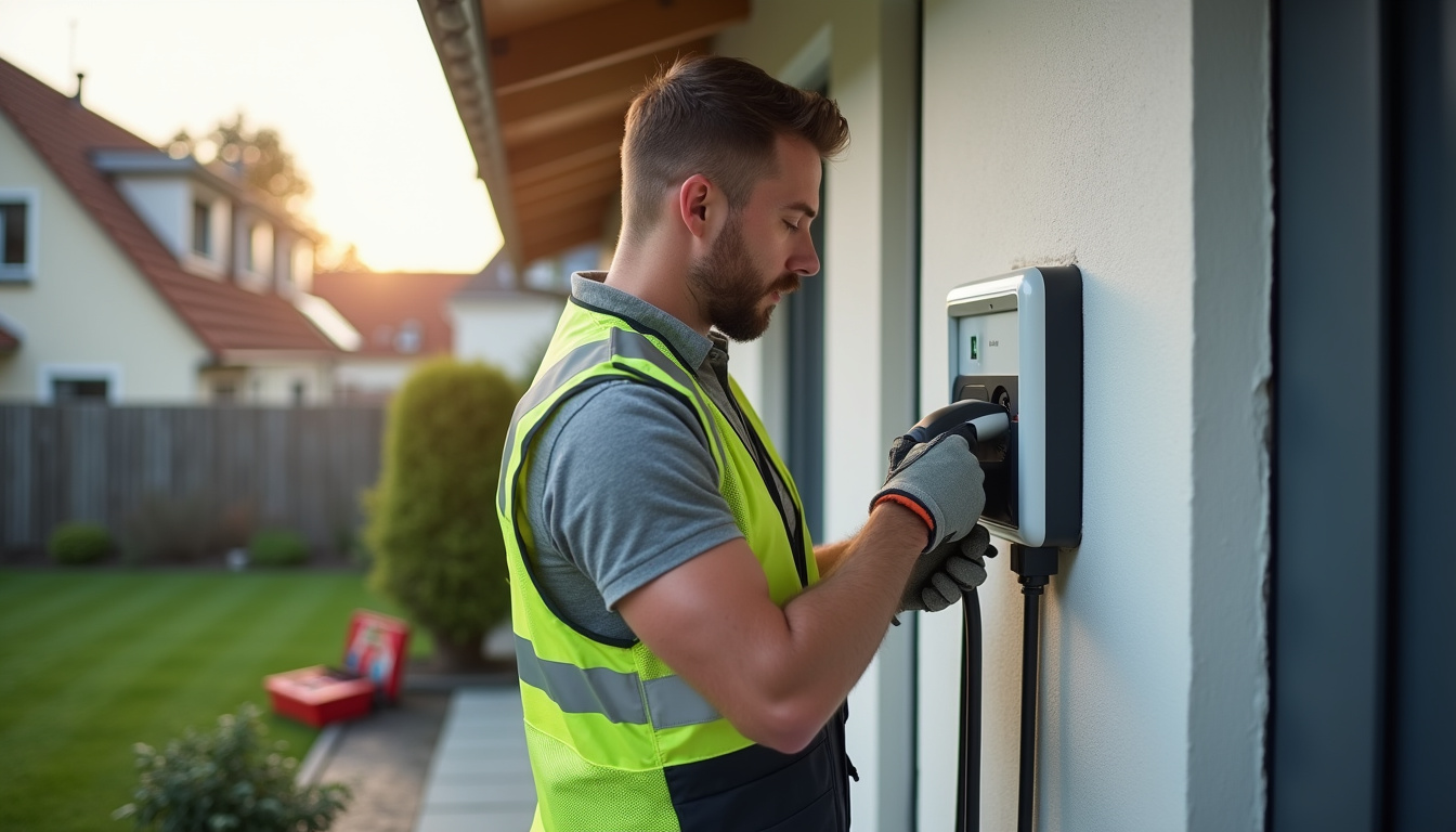 Électricien en train d'installer une borne de recharge dans une maison à Saint-Étienne-du-Rouvray