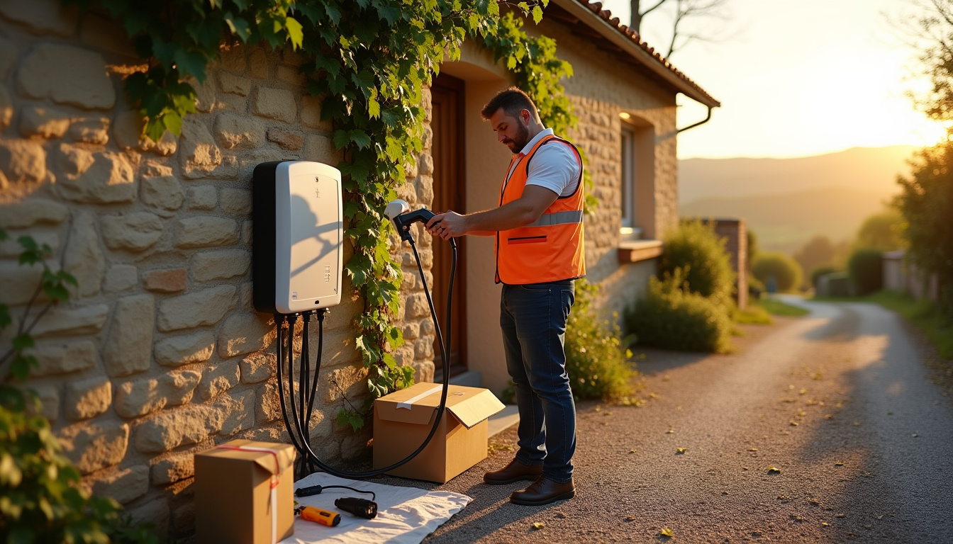 Électricien en train d'installer une borne de recharge dans une propriété à La Roche-de-Glun