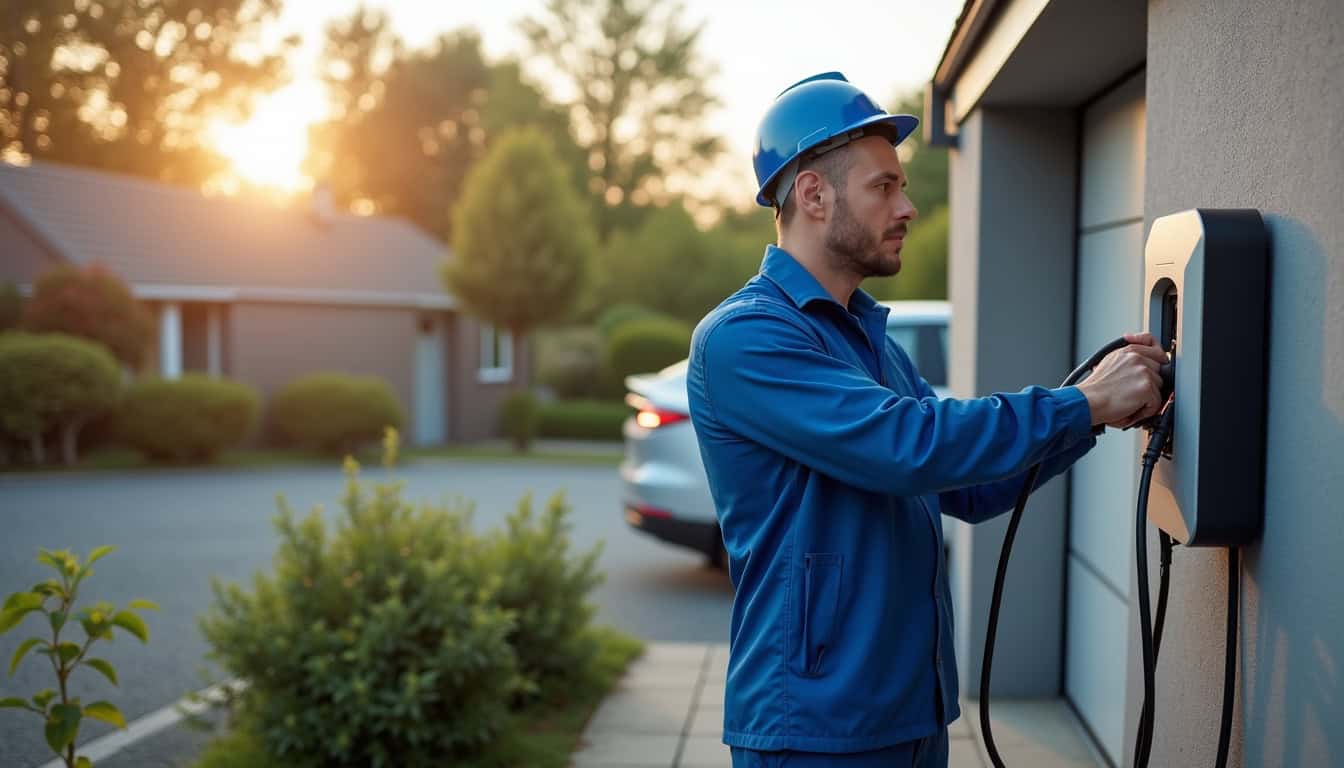 Électricien en train d'installer une borne de recharge dans une propriété à Louplande, vêtu d'une tenue de travail
