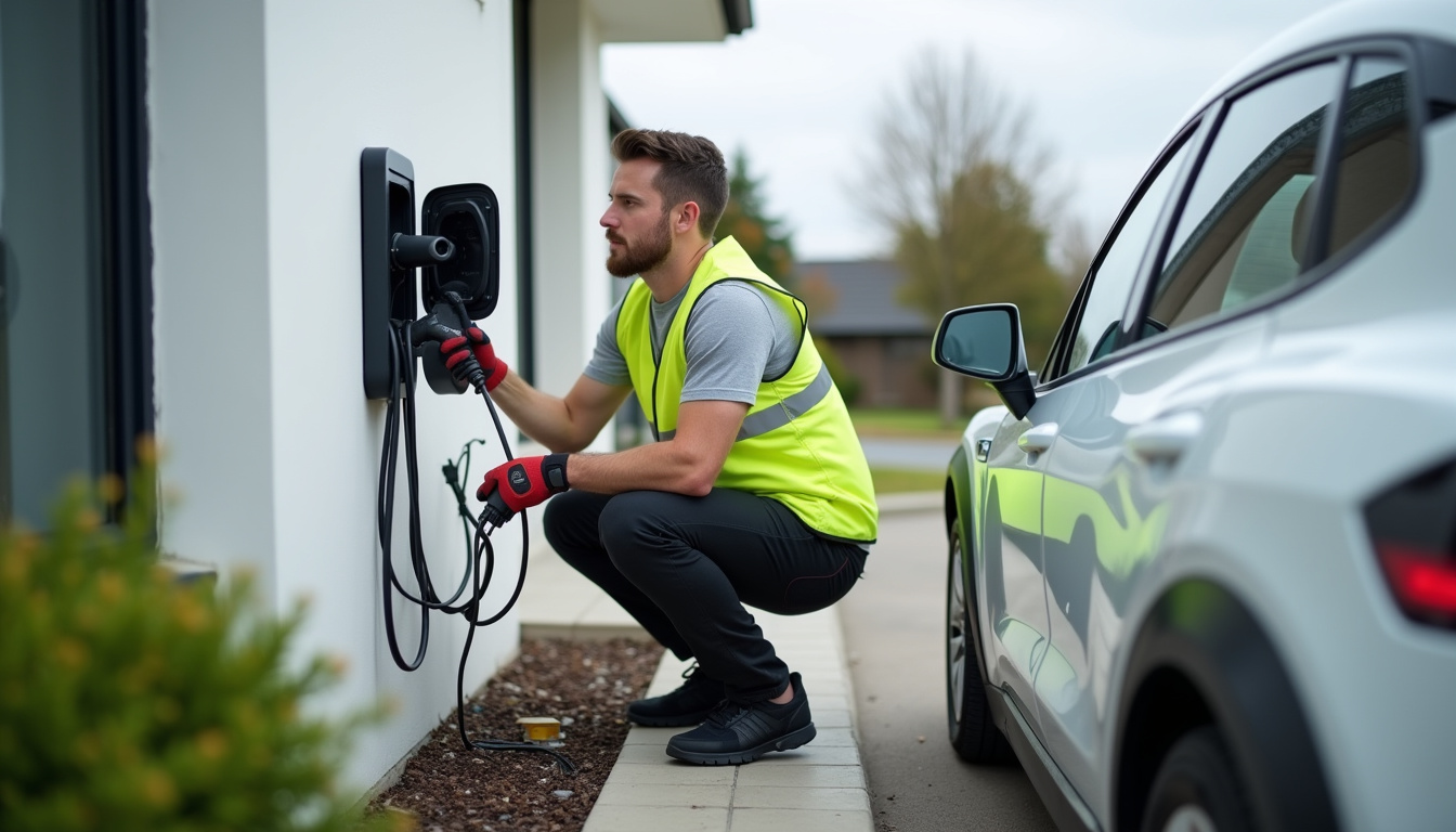 Électricien en train d'installer une borne de recharge dans une propriété à Mellac