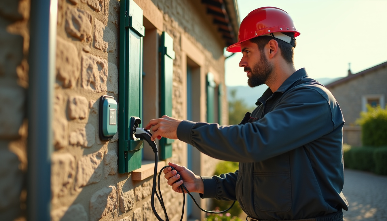 Électricien en train d'installer une borne de recharge devant une maison à Saint-Mamet-la-Salvetat