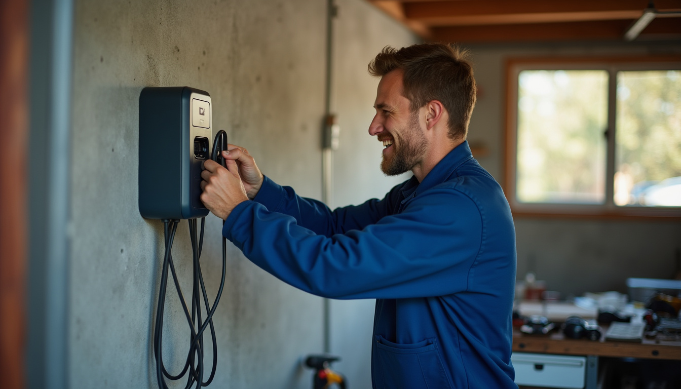 Électricien en train d'installer une borne de recharge domestique dans un garage à Oissery