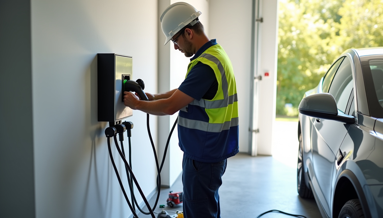 Électricien en train d'installer une borne de recharge électrique à Albon