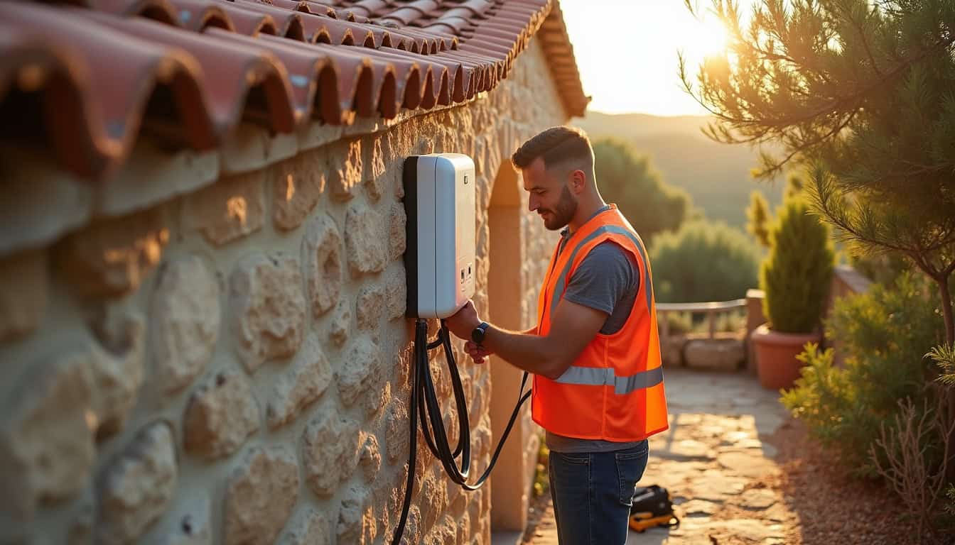Électricien en train d'installer une borne de recharge électrique à Appietto