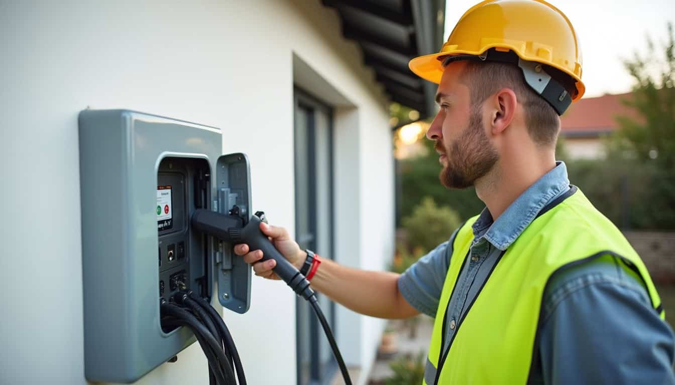 Électricien en train d'installer une borne de recharge électrique à Aubais