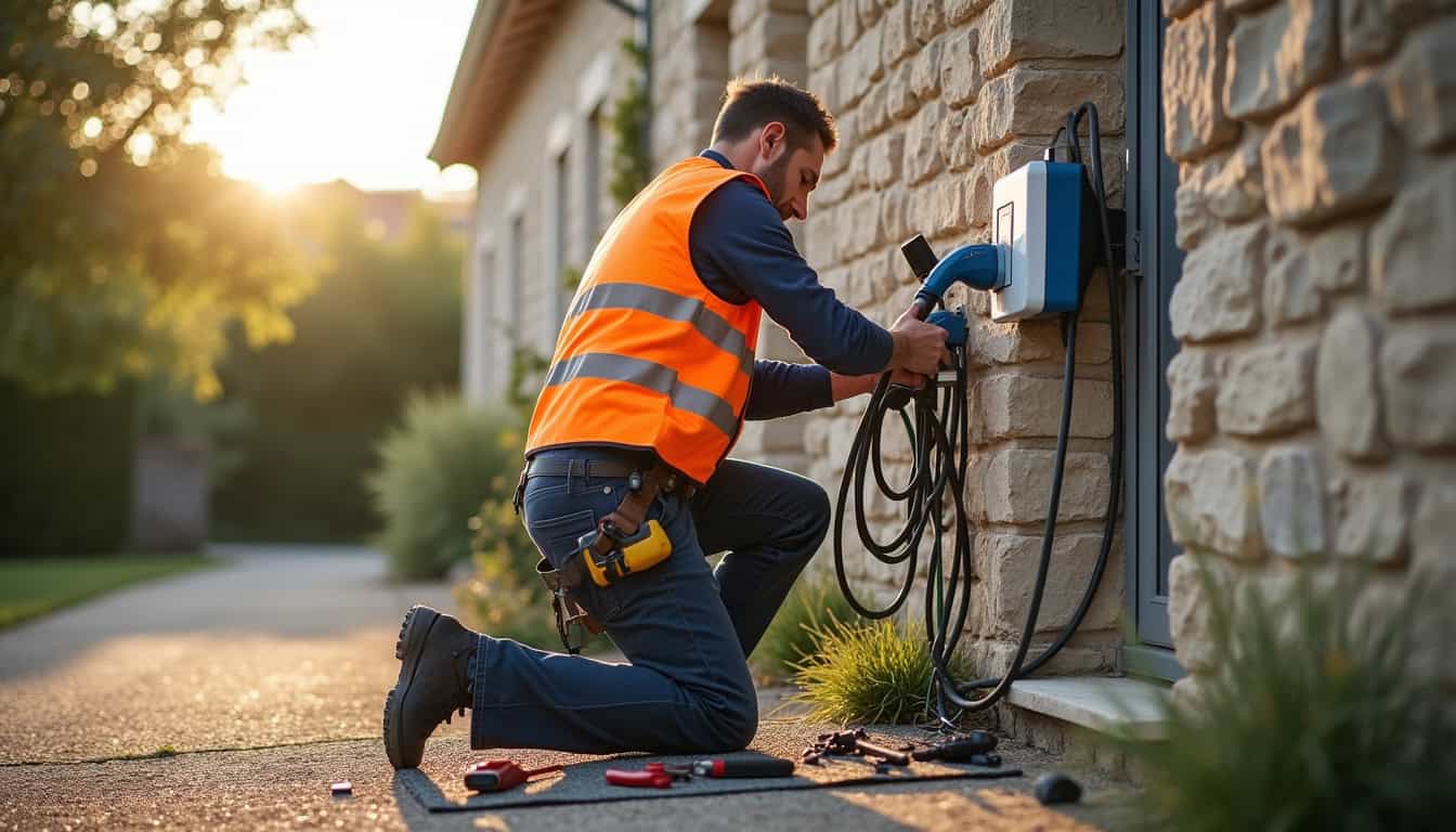Électricien en train d’installer une borne de recharge électrique à Avensan