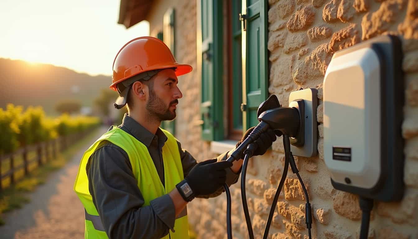 Électricien en train d'installer une borne de recharge électrique à Baix, Ardèche