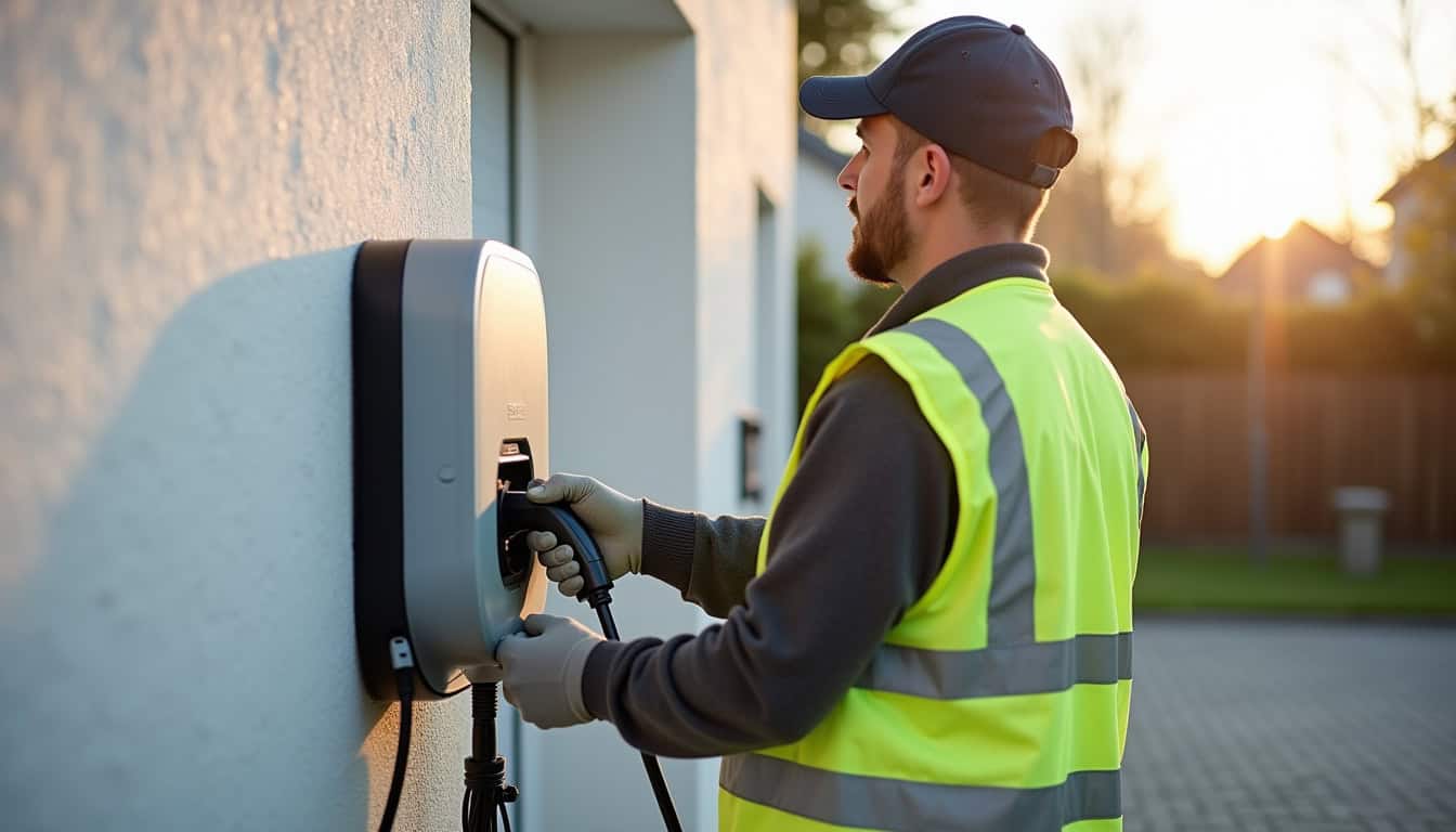 Électricien en train d'installer une borne de recharge électrique à Beautor