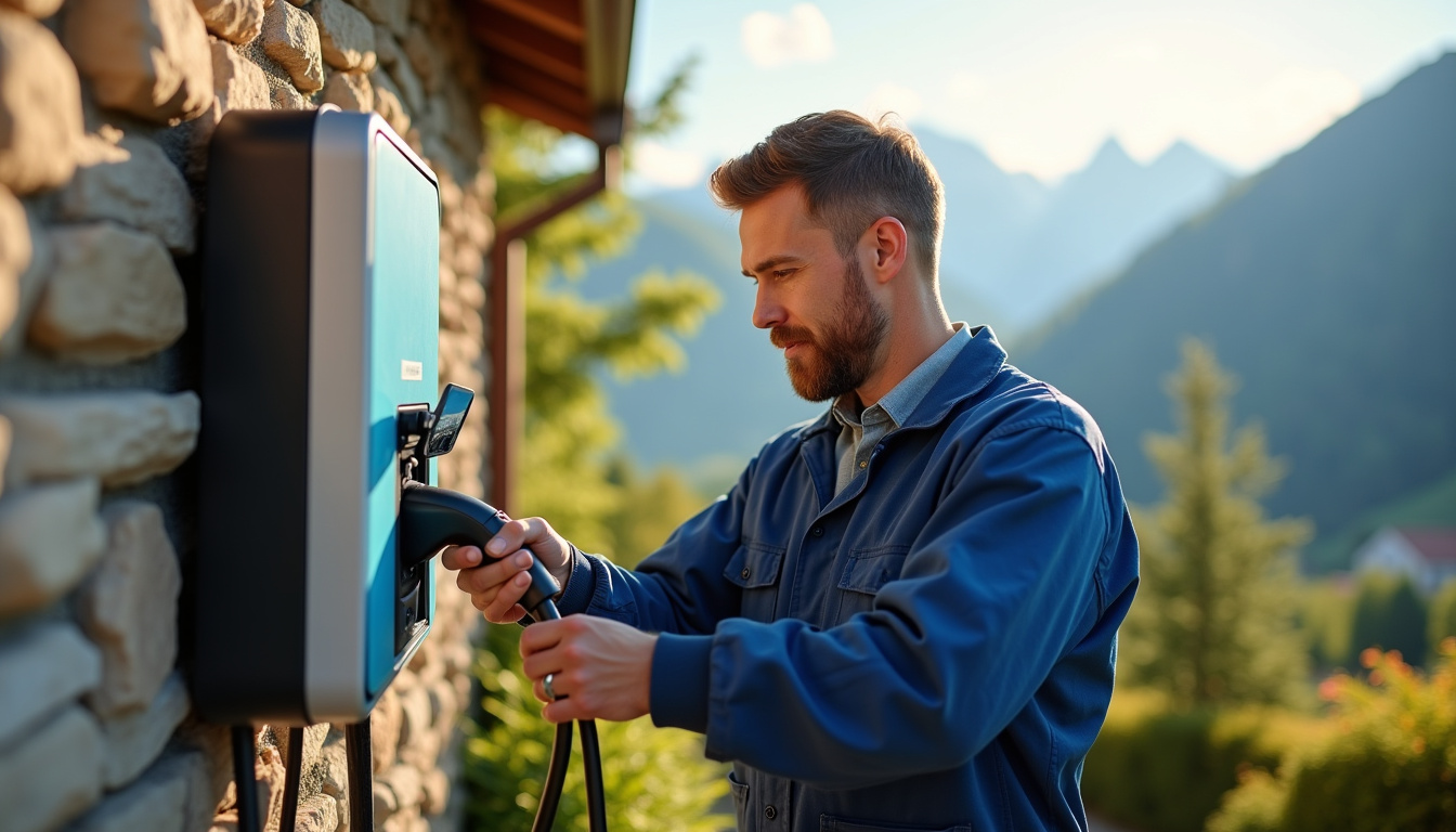 Électricien en train d’installer une borne de recharge électrique à Bernex