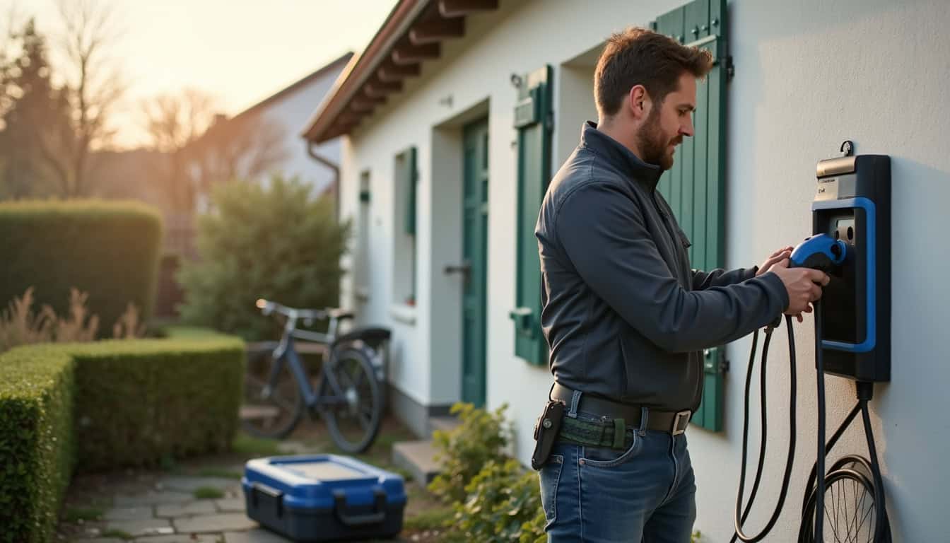 Électricien en train d'installer une borne de recharge électrique à Bosc-le-Hard