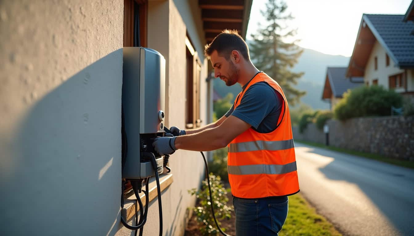 Électricien en train d'installer une borne de recharge électrique à Brison-Saint-Innocent