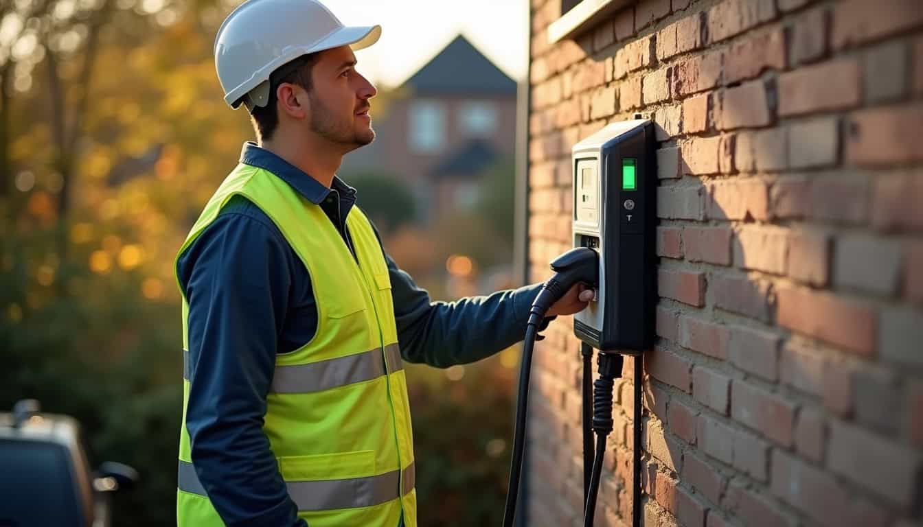 Électricien en train d'installer une borne de recharge électrique à Campigny