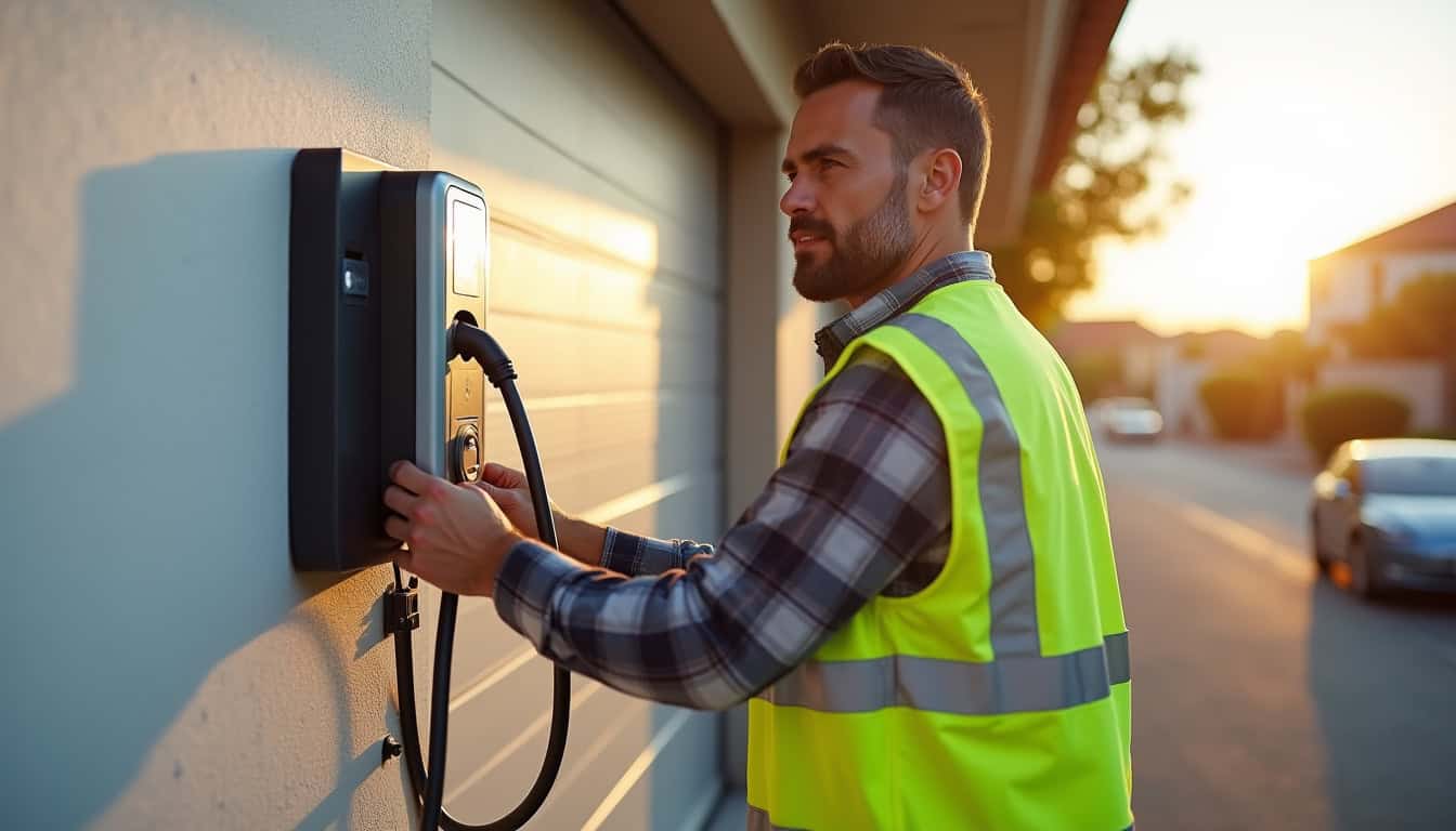 Électricien en train d'installer une borne de recharge électrique à Charmoy