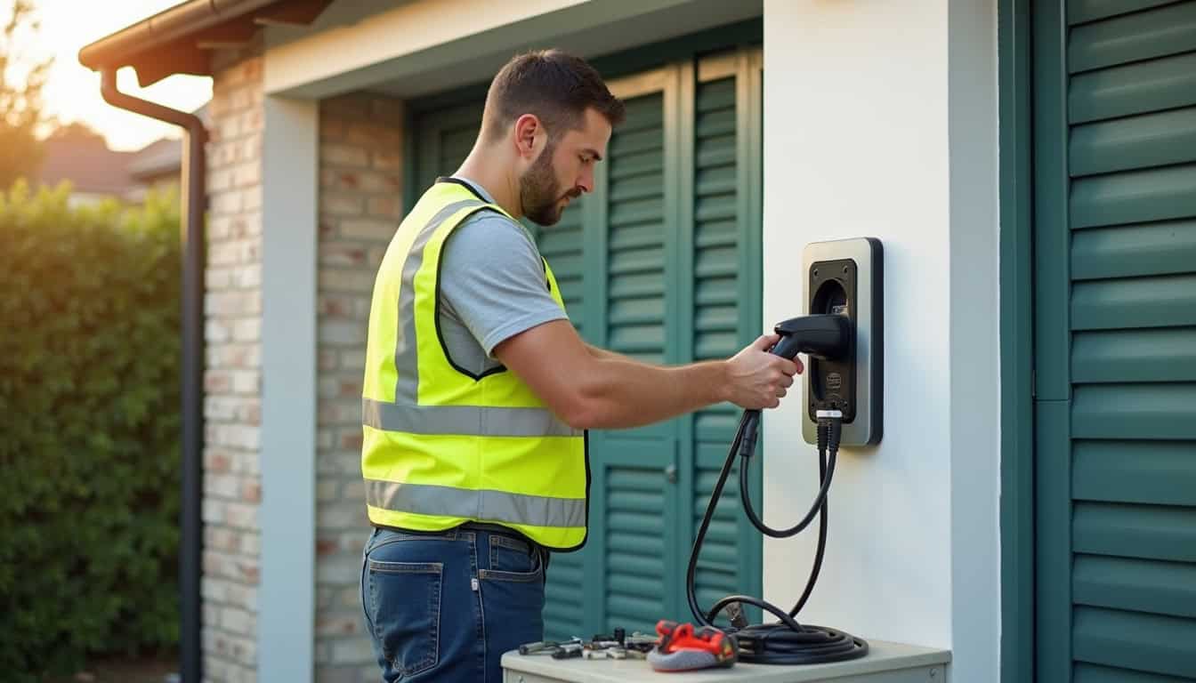 Électricien en train d'installer une borne de recharge électrique à Coullons