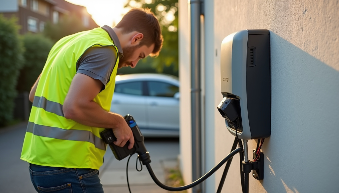 Électricien en train d'installer une borne de recharge électrique à Courchelettes
