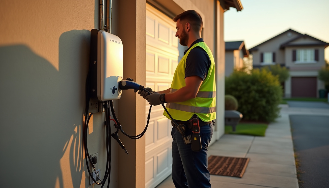 Électricien en train d'installer une borne de recharge électrique à Couville