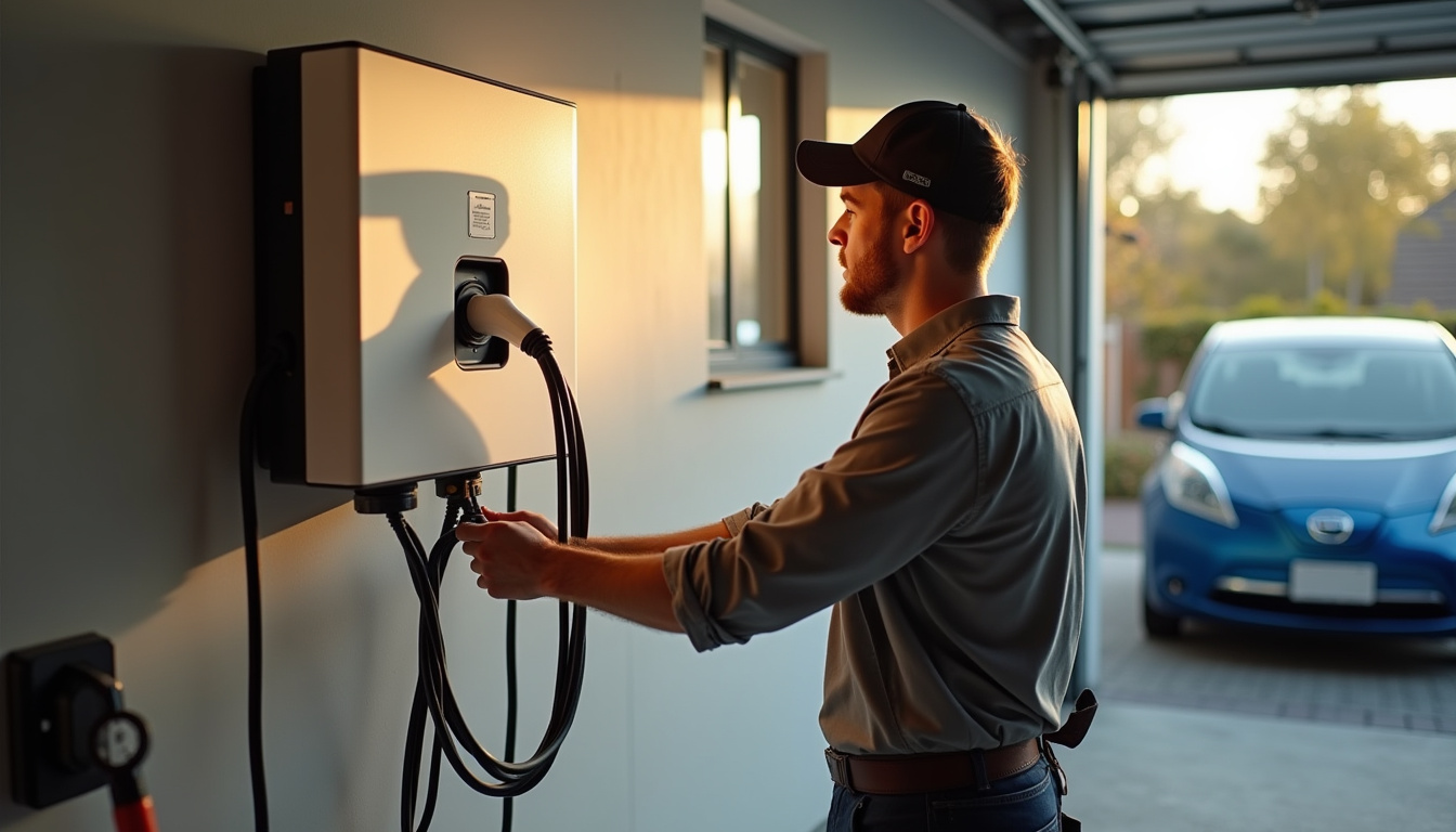 Électricien en train d’installer une borne de recharge électrique à Cuffy, dans un garage résidentiel