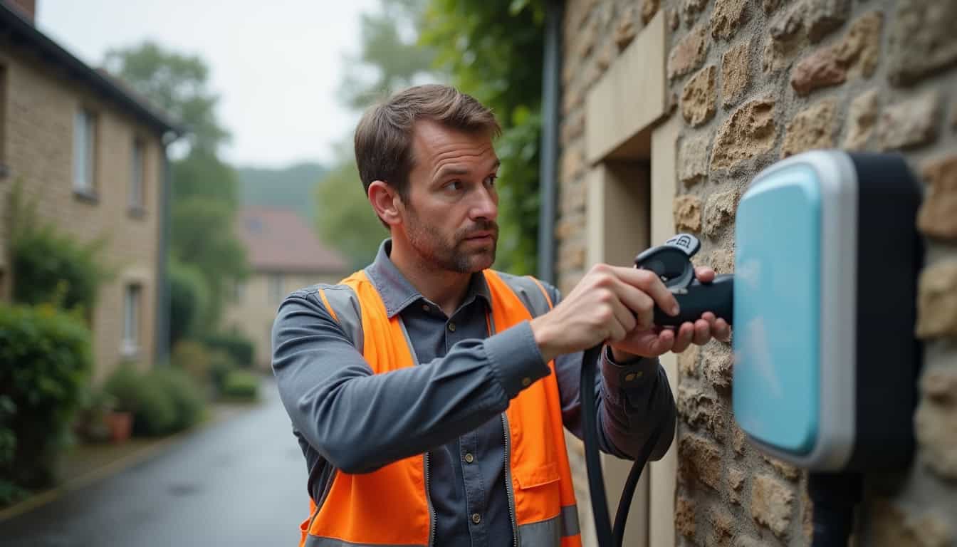 Électricien en train d'installer une borne de recharge électrique à Dargnies