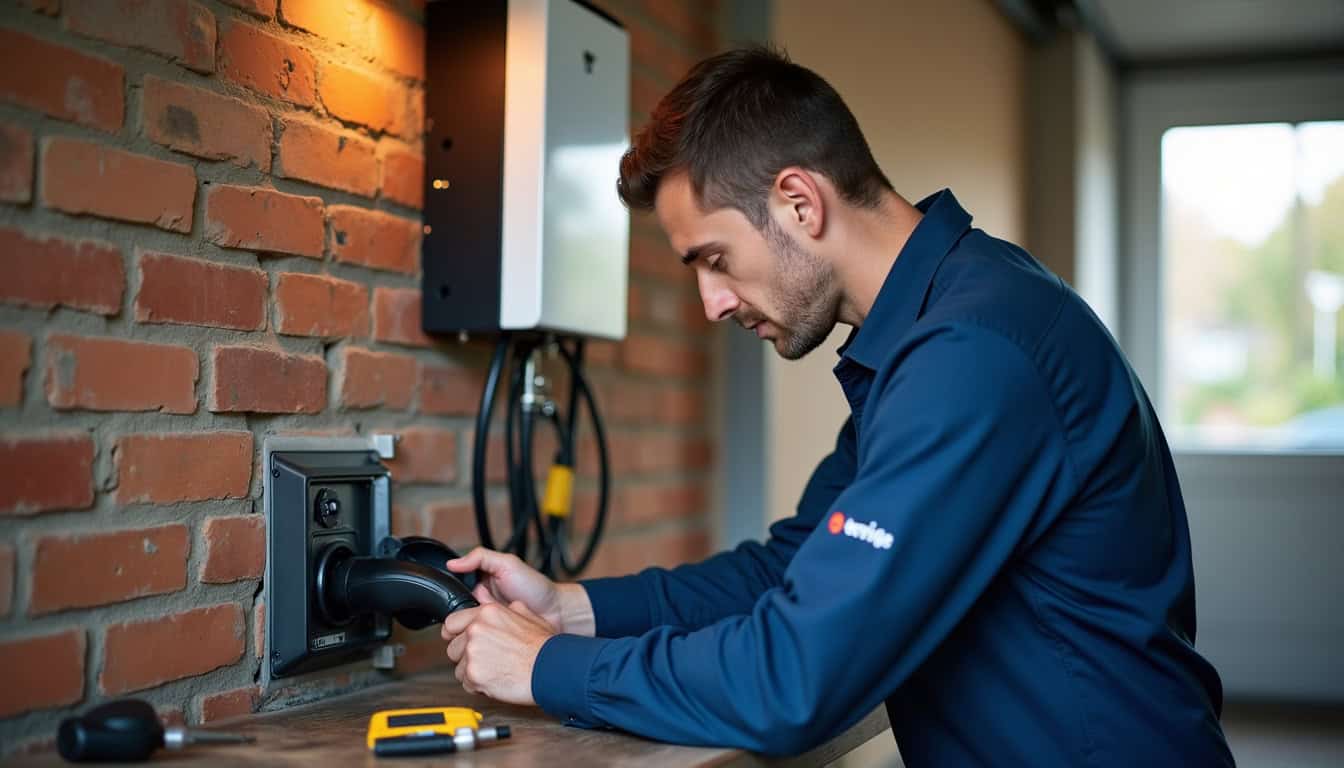 Électricien en train d’installer une borne de recharge électrique à domicile à Pleugriffet