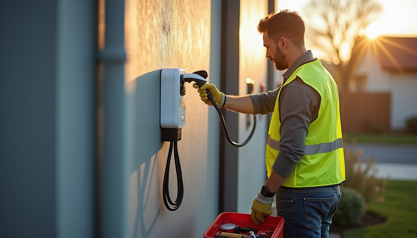 Électricien en train d’installer une borne de recharge électrique à domicile