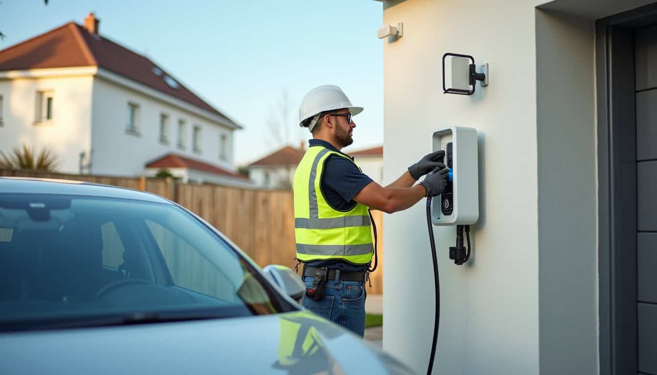 Électricien en train d'installer une borne de recharge électrique à Druillat