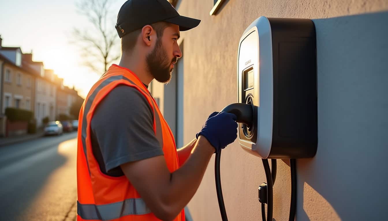 Électricien en train d'installer une borne de recharge électrique à Évrecy