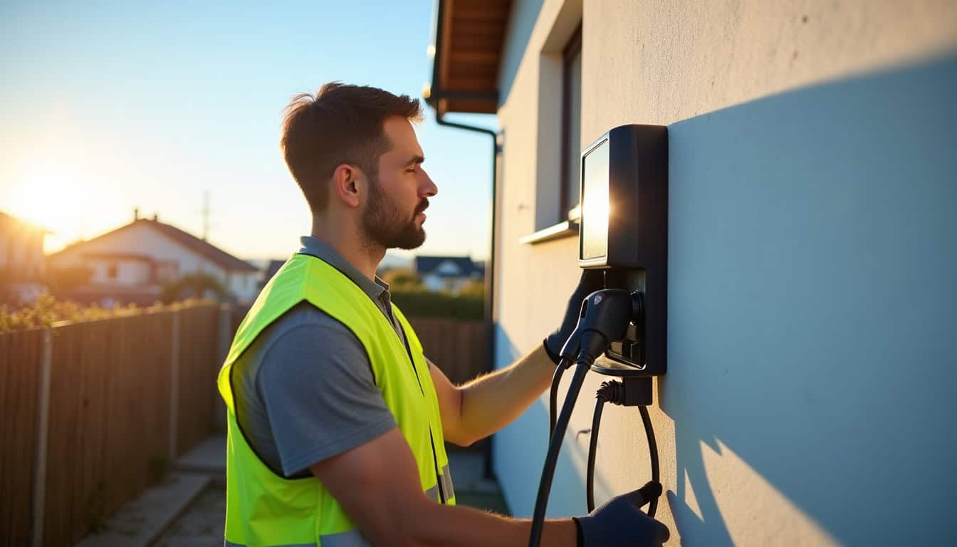 Électricien en train d'installer une borne de recharge électrique à Falleron