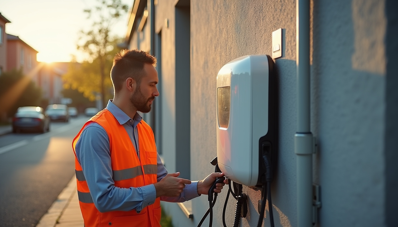 Électricien en train d'installer une borne de recharge électrique à Flize