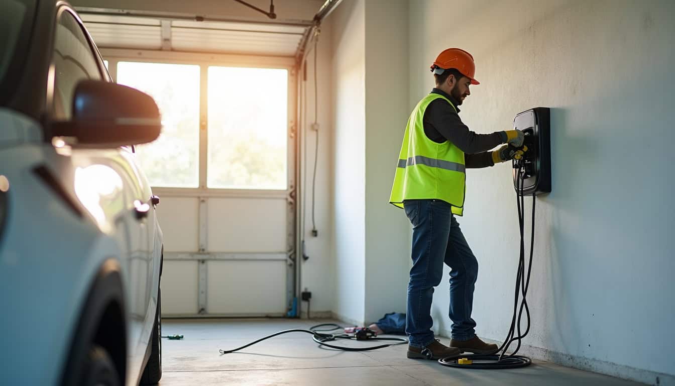 Électricien en train d'installer une borne de recharge électrique à Gerzat
