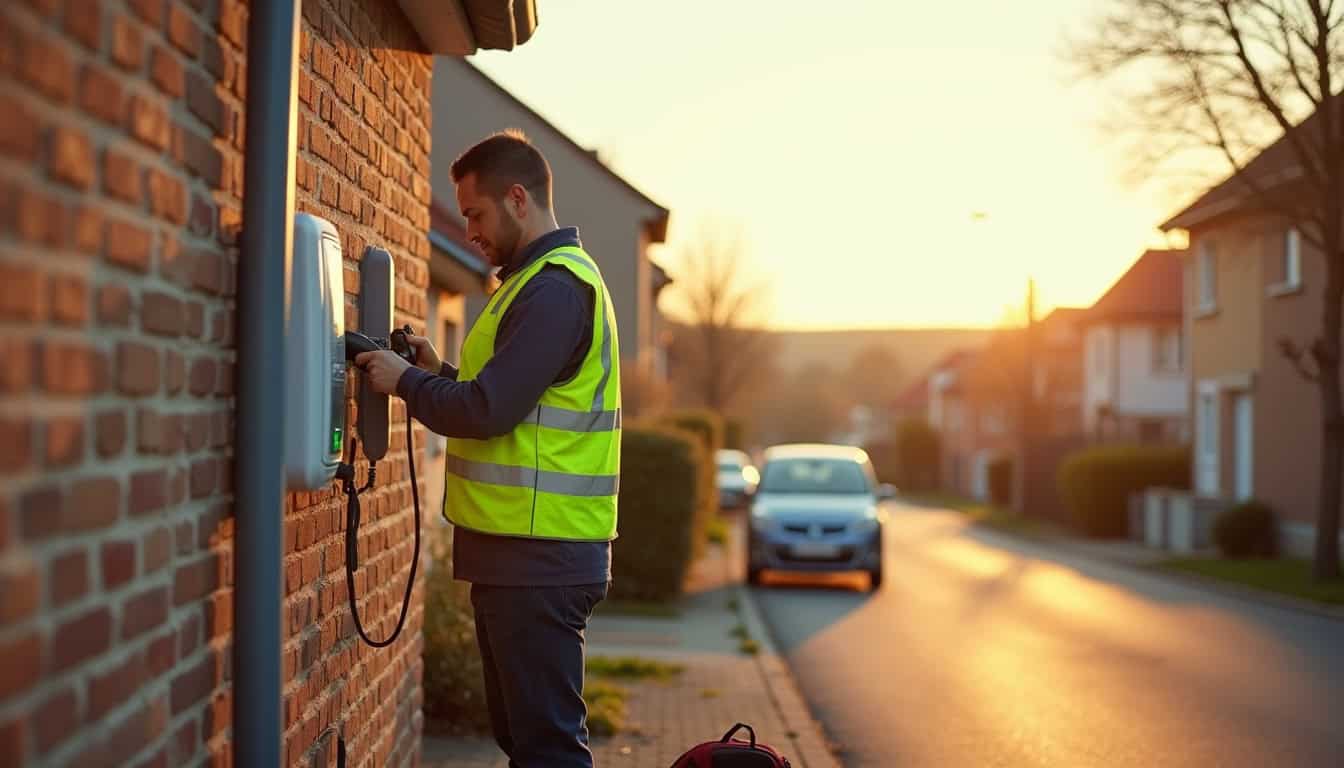 Électricien en train d'installer une borne de recharge électrique à Gleizé