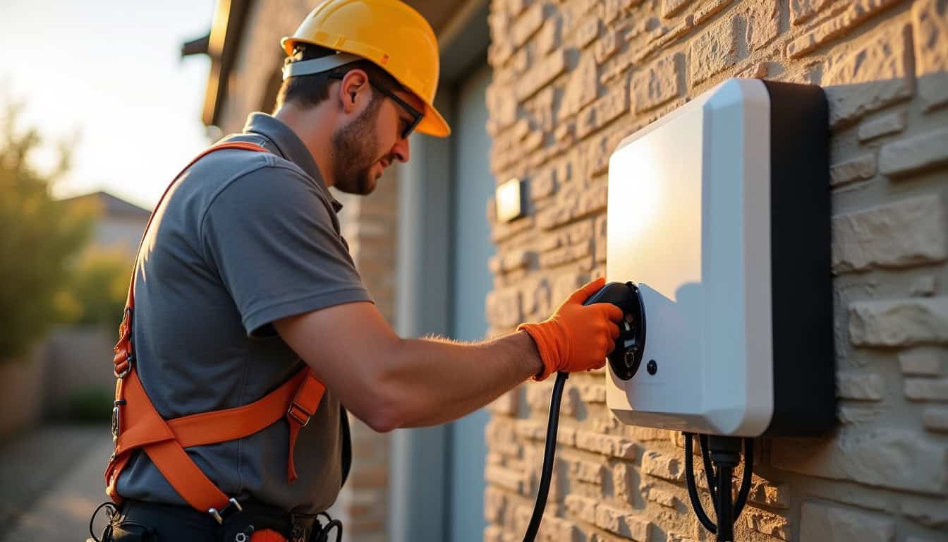 Électricien en train d'installer une borne de recharge électrique à Gondrin
