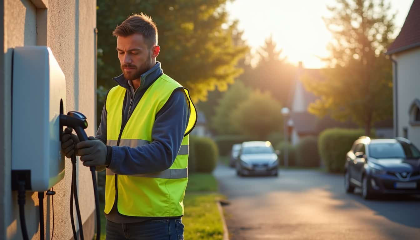 Électricien en train d'installer une borne de recharge électrique à Guiscard