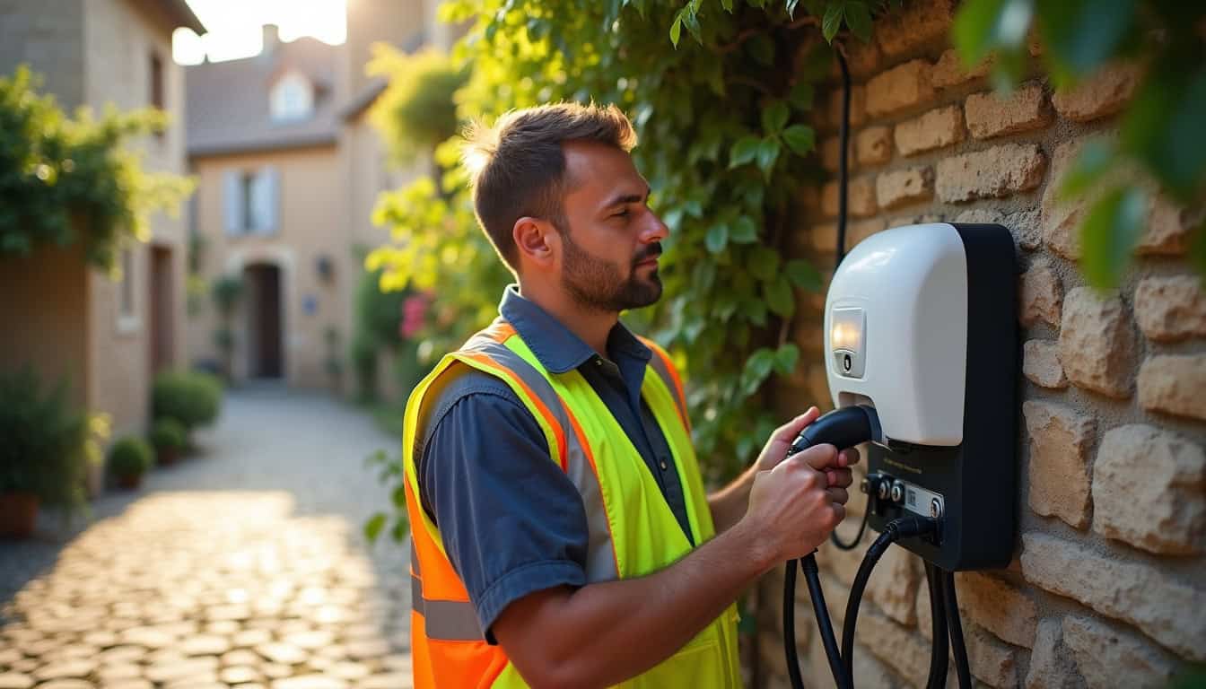 Électricien en train d'installer une borne de recharge électrique à La Ville-aux-Clercs