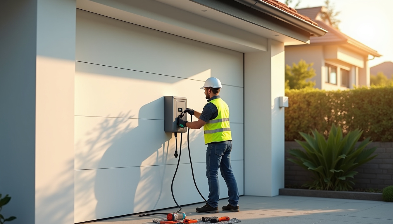 Électricien en train d'installer une borne de recharge électrique à Le Rove
