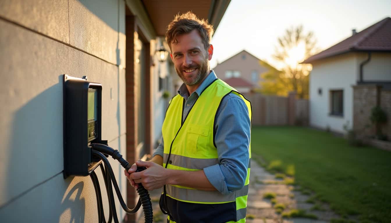 Électricien en train d'installer une borne de recharge électrique à L'Étang-la-Ville
