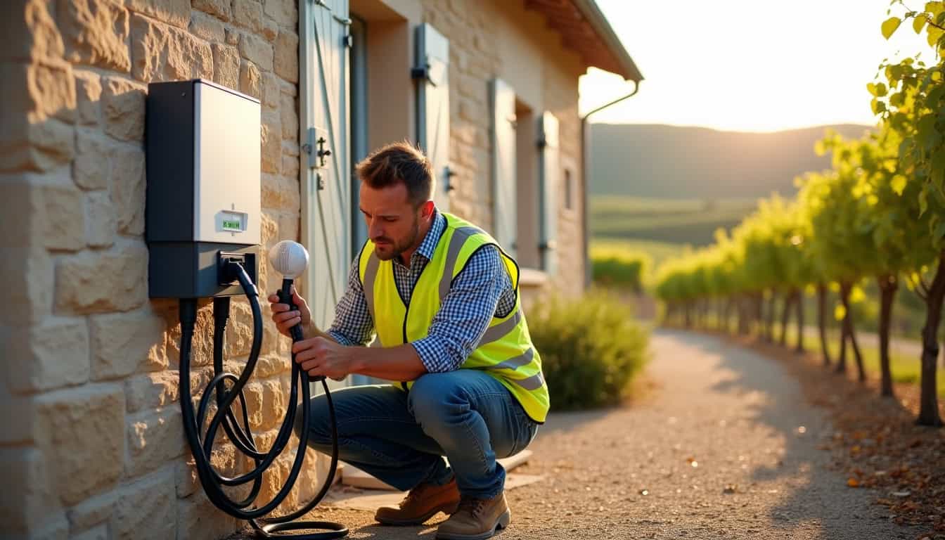 Électricien en train d'installer une borne de recharge électrique à l'extérieur d'une maison à Beaumes-de-Venise
